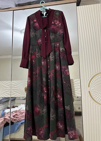 Bordo Vintage Desenli Uzun Elbise - Görsel 2