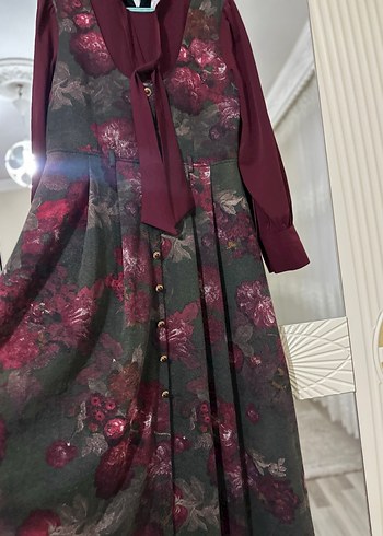 Bordo Vintage Desenli Uzun Elbise - Görsel 5