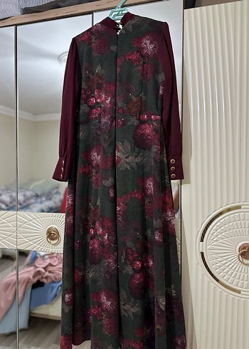 Bordo Vintage Desenli Uzun Elbise - Görsel 7