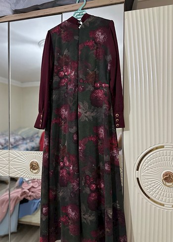 Bordo Vintage Desenli Uzun Elbise - Görsel 8