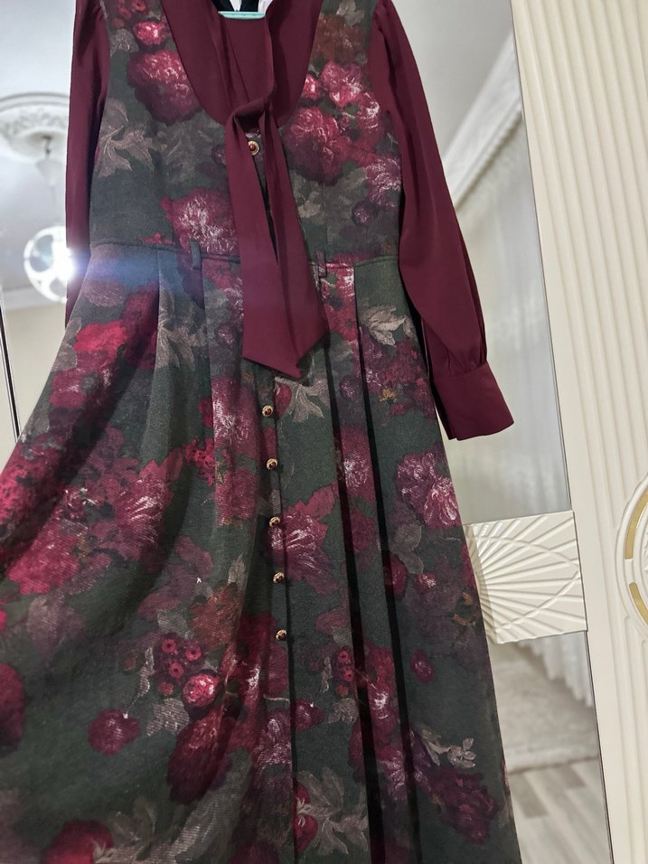 Bordo Vintage Desenli Uzun Elbise - Görsel 5