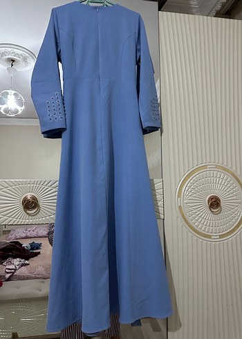 Nakışlı Mavi Uzun Kollu Abiye Elbise - Görsel 5