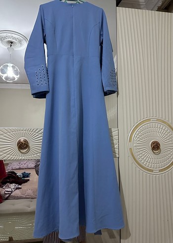 Nakışlı Mavi Uzun Kollu Abiye Elbise - Görsel 6