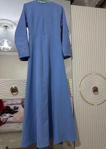 Nakışlı Mavi Uzun Kollu Abiye Elbise - Görsel 7