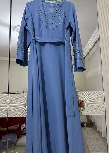 Nakışlı Mavi Uzun Kollu Abiye Elbise - Görsel 2