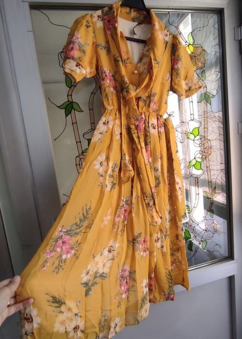 BSL FASHION Sarı Çiçek Desenli Uzun Bohem Elbise