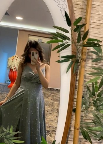 Yaldızlı su yeşili paletli Uzun Abiye Elbise