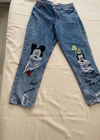 Mavi Baskılı Düğmeli Kadın Kot Pantolon