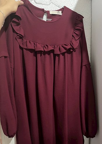 Bordo Fırfırlı Uzun Kollu Midi Tunik takım(altıda var)