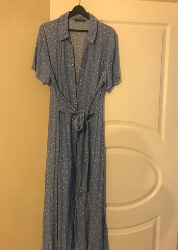 Mavi Uzun Rahat Kesim Keten Elbise - Görsel 2