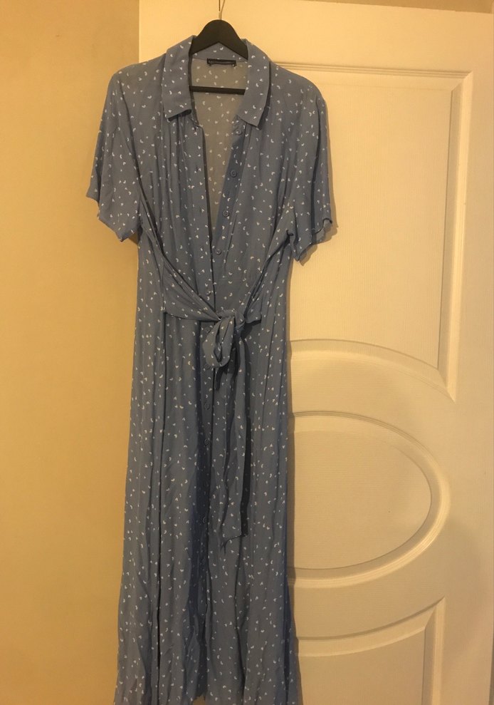 Mavi Uzun Rahat Kesim Keten Elbise - Görsel 2