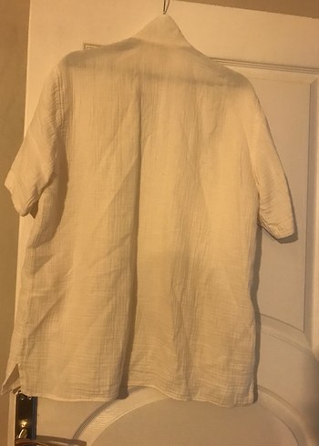 Düğmeli Kısa Kollu Bej Keten Gömlek - Görsel 4