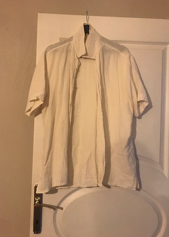 Düğmeli Kısa Kollu Bej Keten Gömlek - Görsel 2