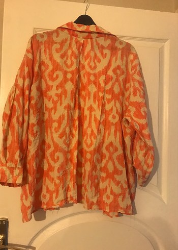 Turuncu Batik Desenli Kadın Keten Gömlek - Görsel 5
