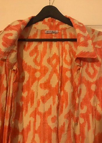 Turuncu Batik Desenli Kadın Keten Gömlek - Görsel 4