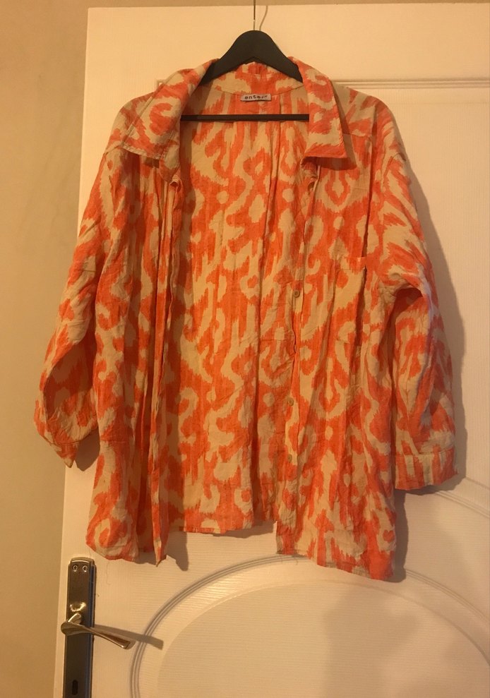 Turuncu Batik Desenli Kadın Keten Gömlek - Görsel 2