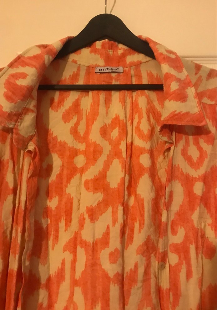 Turuncu Batik Desenli Kadın Keten Gömlek - Görsel 4