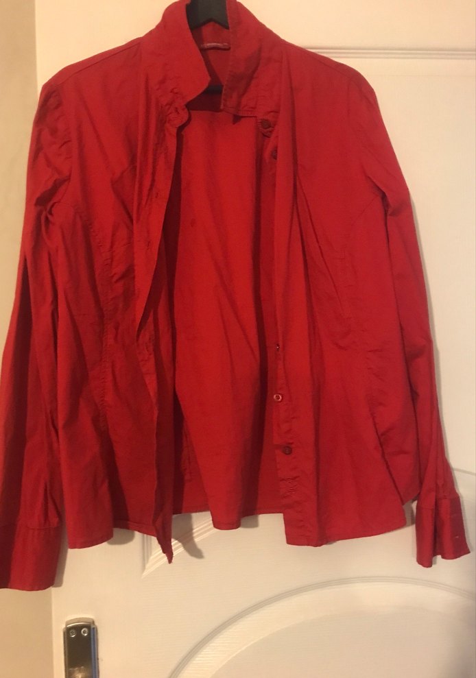 Kırmızı Düğmeli Kadın Keten Gömlek - Görsel 3