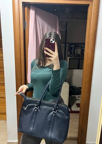 lacivert Deri Tokalı Kadın İş Çantası - Görsel 3