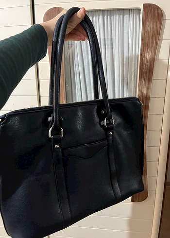 lacivert Deri Tokalı Kadın İş Çantası - Görsel 5