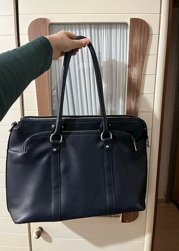 lacivert Deri Tokalı Kadın İş Çantası - Görsel 6