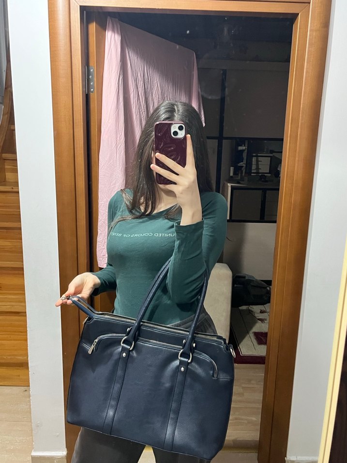 lacivert Deri Tokalı Kadın İş Çantası - Görsel 3