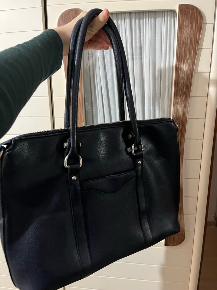 lacivert Deri Tokalı Kadın İş Çantası - Görsel 5