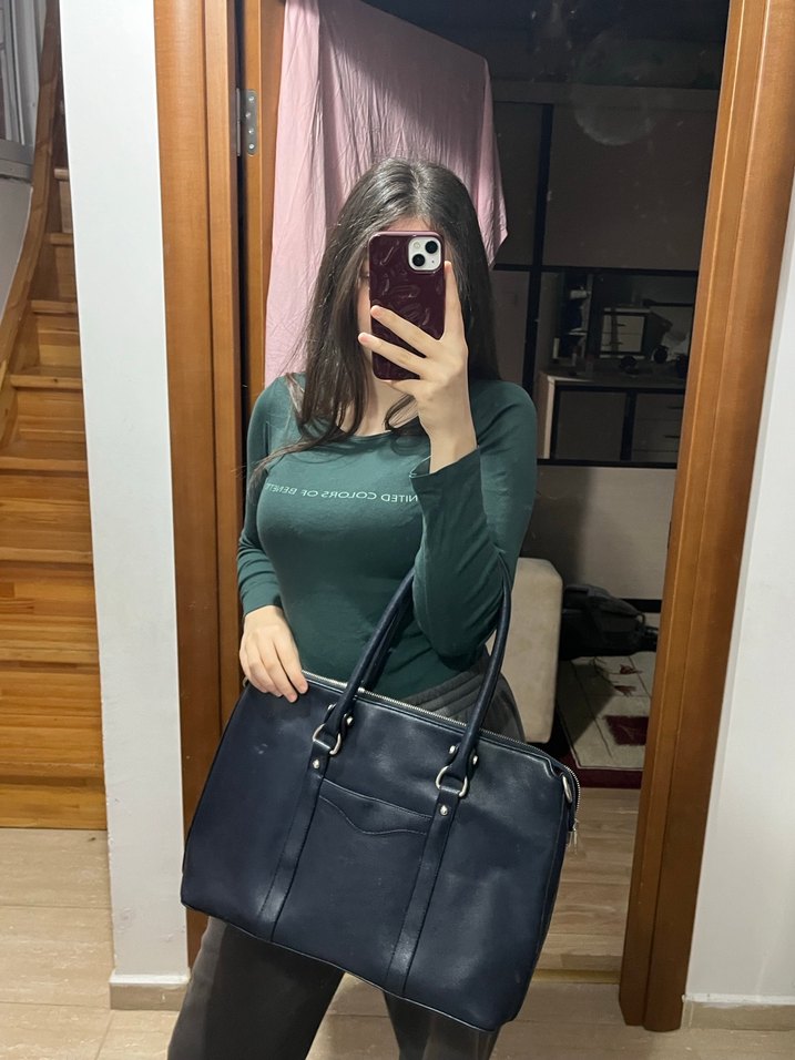 lacivert Deri Tokalı Kadın İş Çantası - Görsel 4