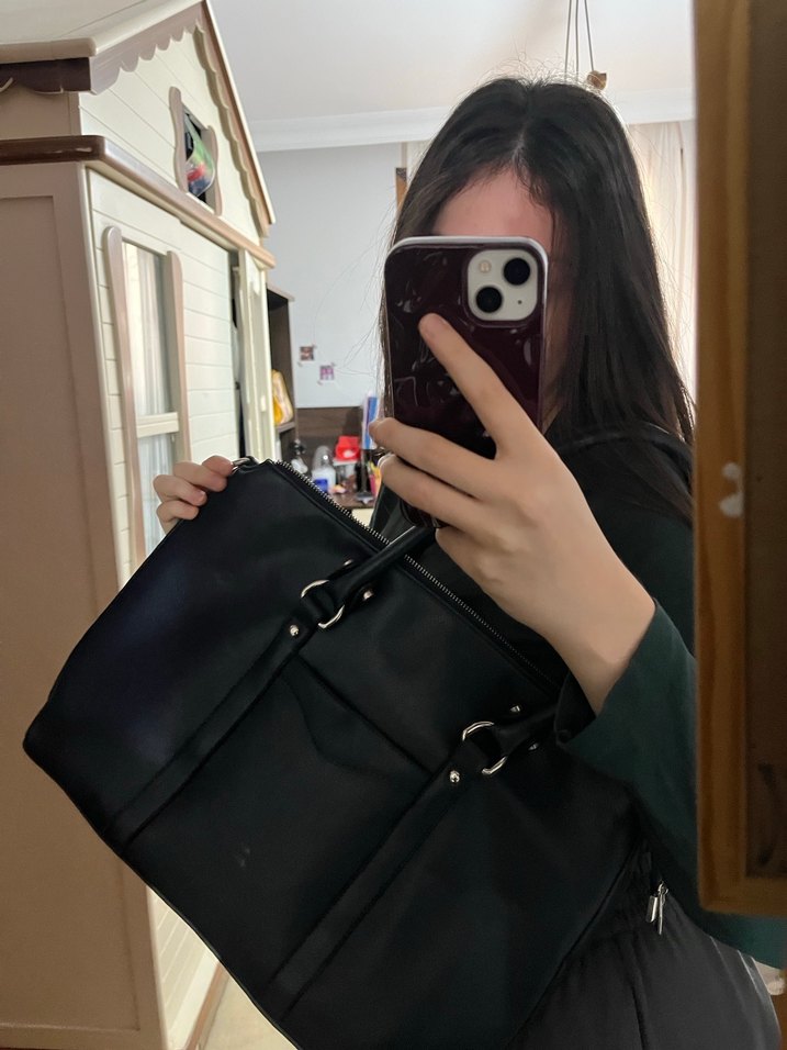 lacivert Deri Tokalı Kadın İş Çantası - Görsel 2