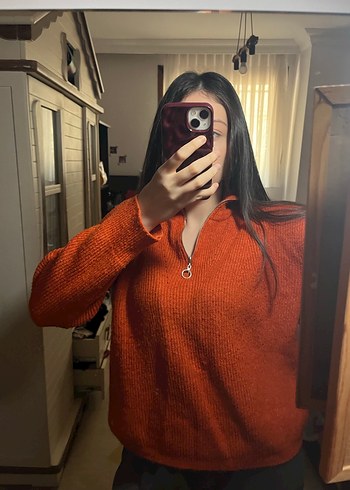 Kırmızı Yarım Fermuarlı Triko Kazak - Görsel 3