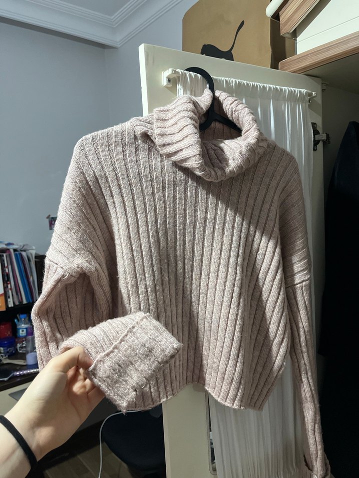 Bej Kadın Boğazlı Triko Kazak - Görsel 3