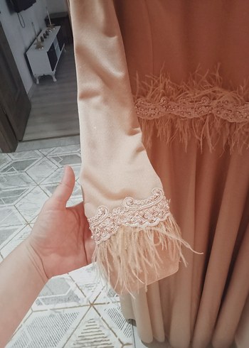 38 Beden Bej Uzun Kollu Drapeli Kadın Abiye Elbise