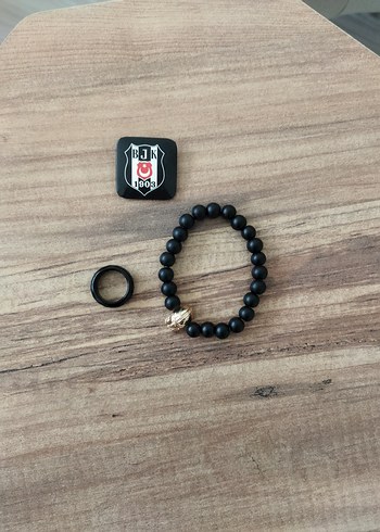Siyah Mat Boncuklu Kadın Bileklik, Yüzük ve BJK arması - Görsel 2