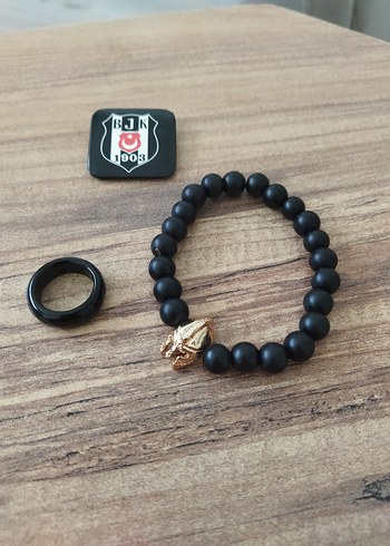 Siyah Mat Boncuklu Kadın Bileklik, Yüzük ve BJK arması - Görsel 3