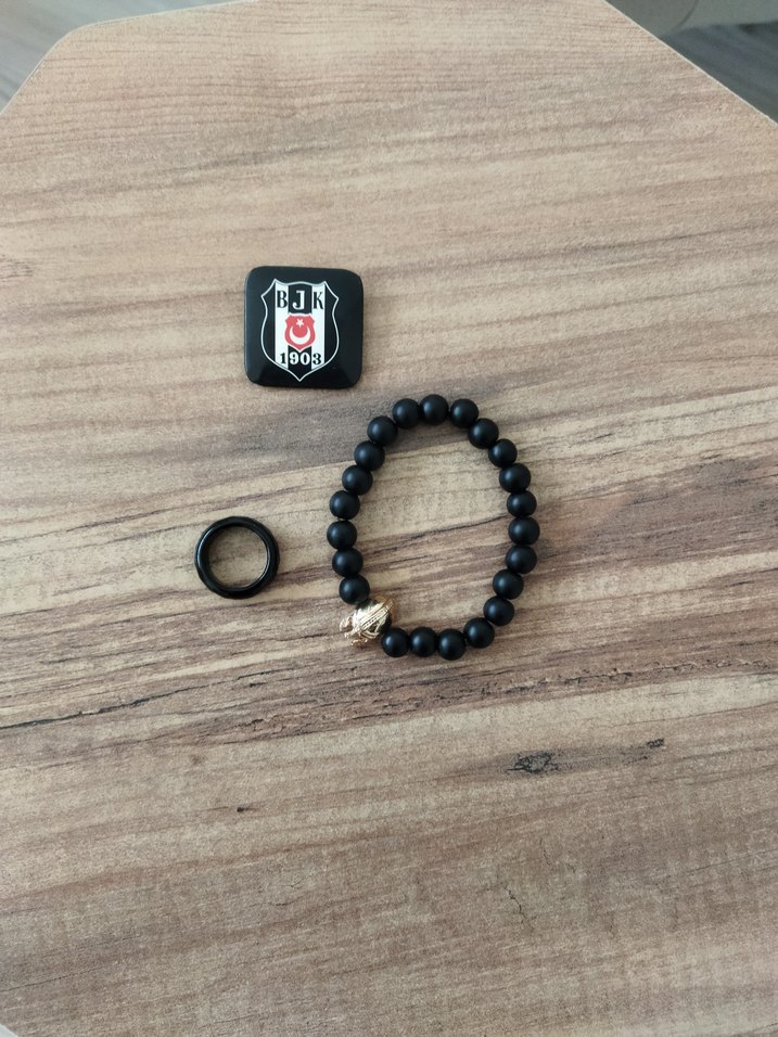Siyah Mat Boncuklu Kadın Bileklik, Yüzük ve BJK arması - Görsel 2