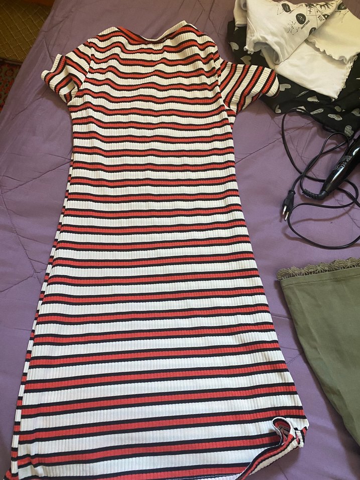 Çizgili Midi Kısa Kollu Elbise - Görsel 3