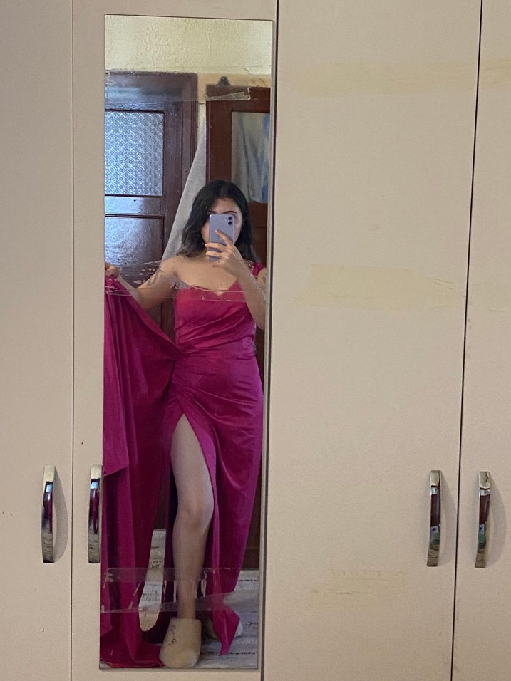 Pembe Drapeli Uzun Abiye Elbise - Görsel 3