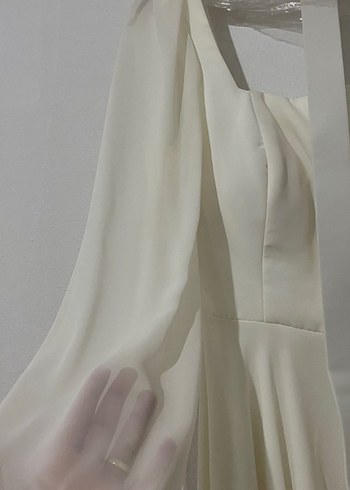 Uzun Kollu Beyaz A Kesim Midi Nikah Elbisesi - Görsel 5