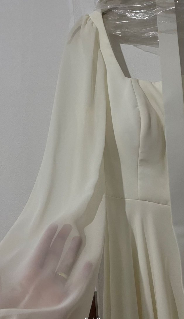 Uzun Kollu Beyaz A Kesim Midi Nikah Elbisesi - Görsel 5