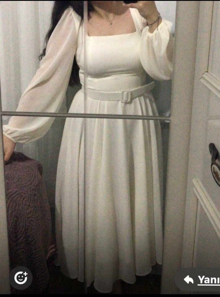 Uzun Kollu Beyaz A Kesim Midi Nikah Elbisesi - Görsel 2