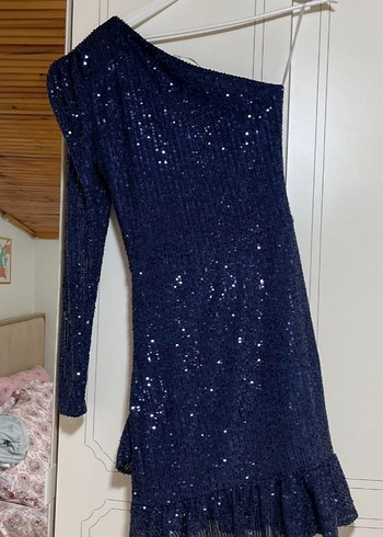 Parlak Lacivert Tek Kollu Mini Abiye Elbise - Görsel 7