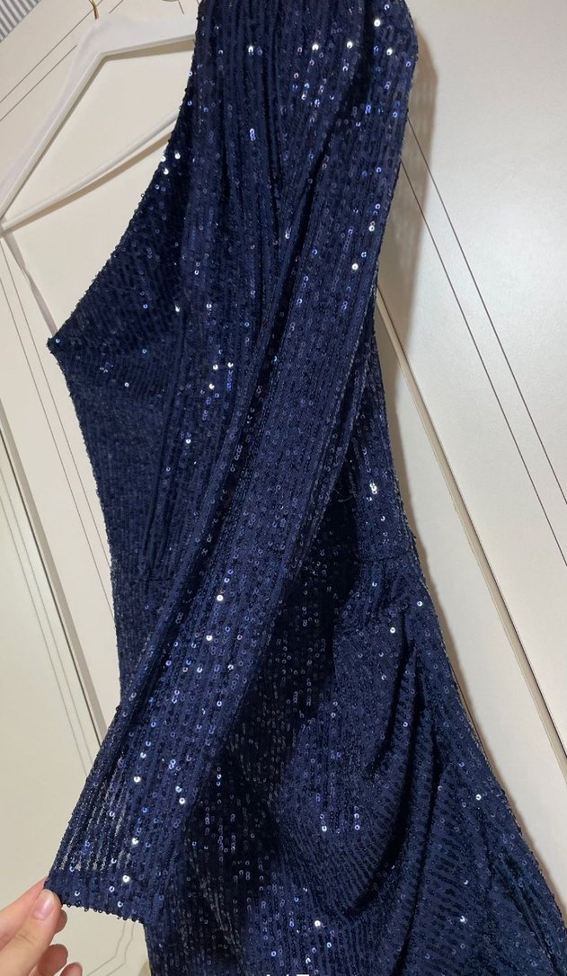 Parlak Lacivert Tek Kollu Mini Abiye Elbise - Görsel 5