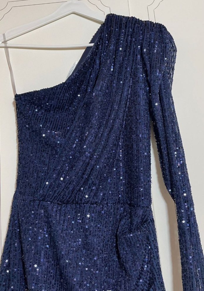 Parlak Lacivert Tek Kollu Mini Abiye Elbise - Görsel 3