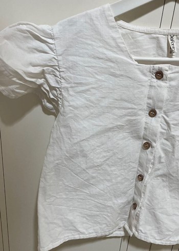 Kız Çocuk Beyaz Keten V Yaka Bluz - Görsel 2