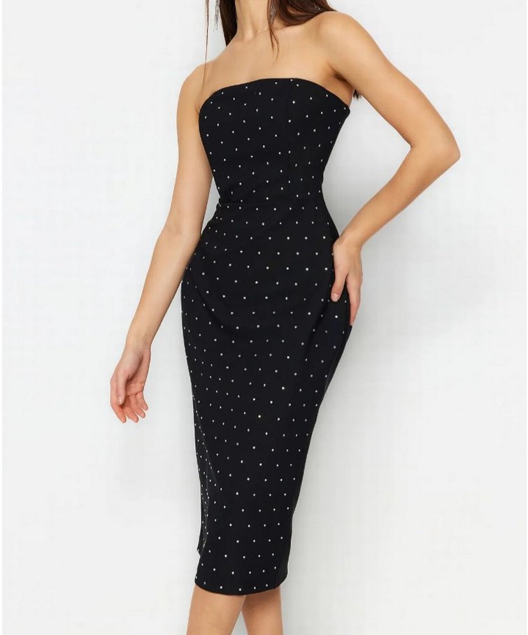 Boncuk İşlemeli Siyah Uzun Straplez Kalem Elbise - Görsel 2