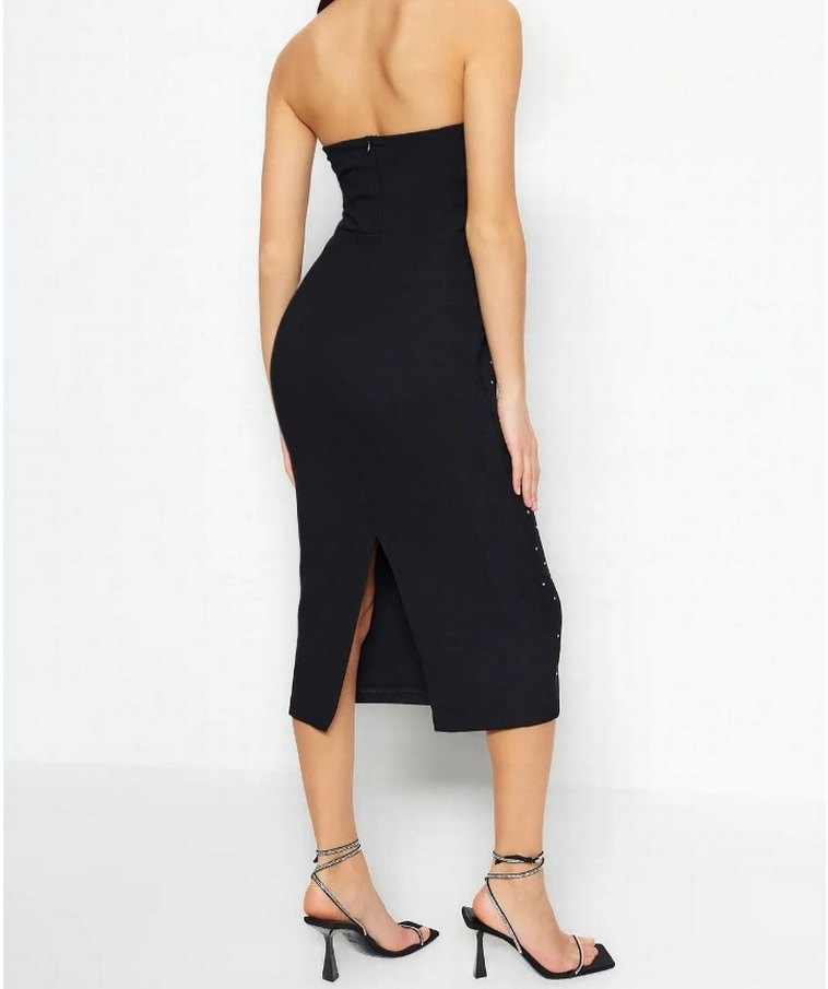 Boncuk İşlemeli Siyah Uzun Straplez Kalem Elbise - Görsel 4