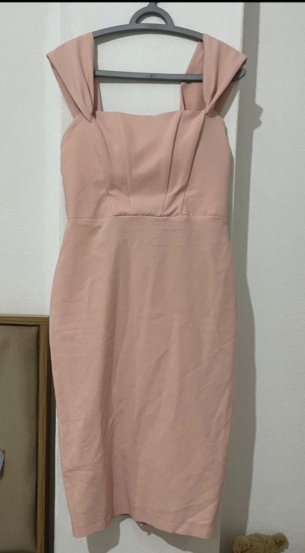 Pudra Pembe Straplez Midi Kalem Elbise - Görsel 4