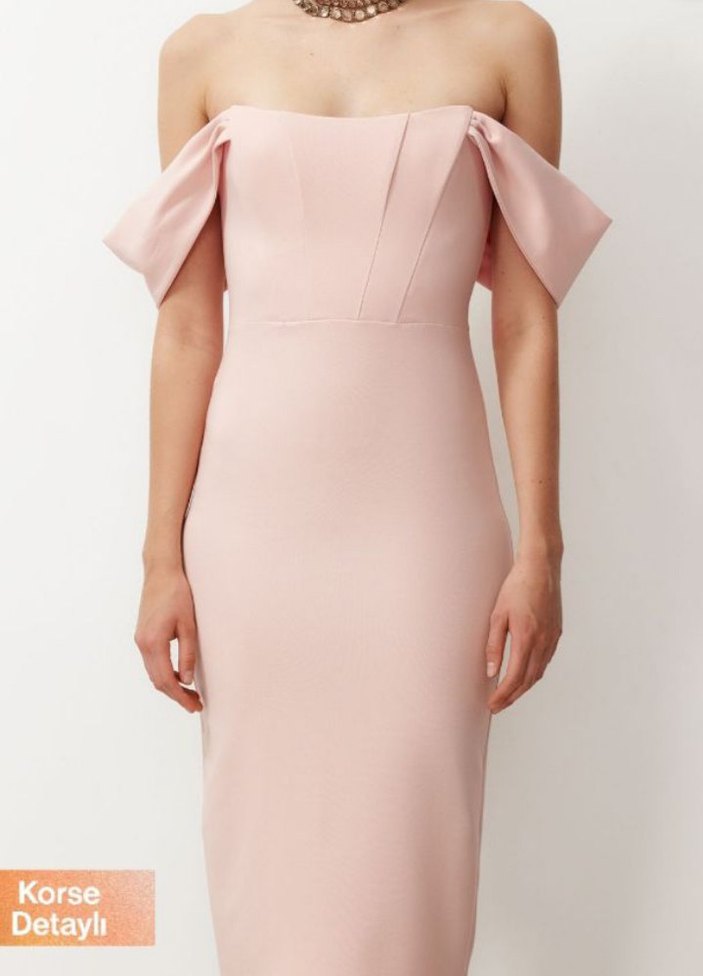 Pudra Pembe Straplez Midi Kalem Elbise - Görsel 2