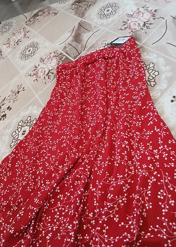 l Beden Kırmızı Desenli Uzun Bohem Midi Etek