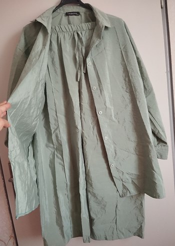 xl Beden Bej Uzun Keten Düğmeli ikili takım